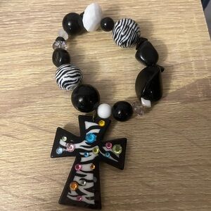 Beaded Bracelet with Cross Charm - Black and White